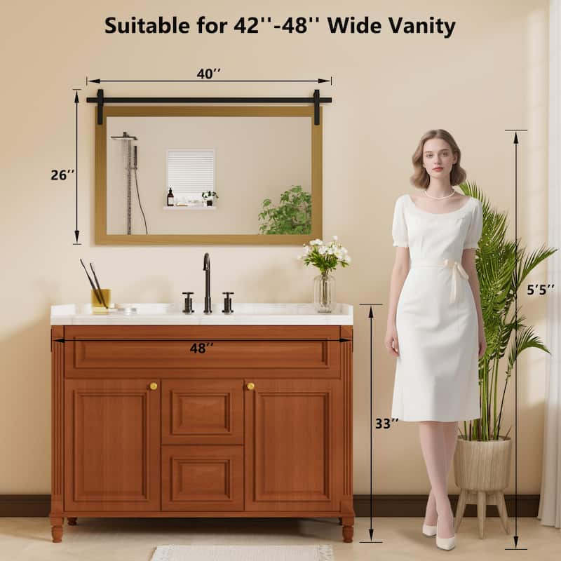 Farmhouse Rectangular Wood Frame Wall Mirror, Rustic Barn Door Bathroom Vanity Mirror