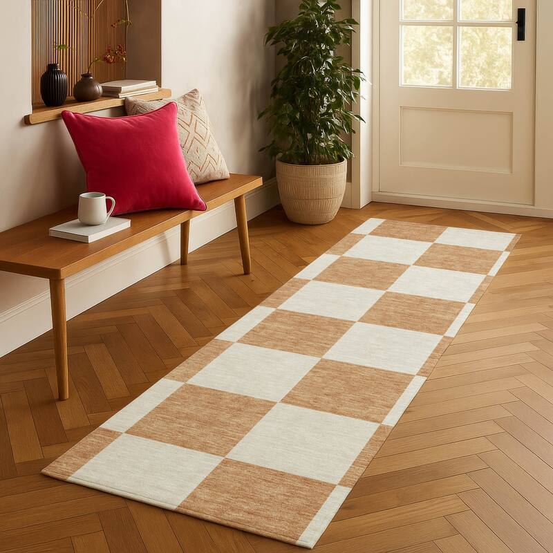 Machine Washable Indoor/ Outdoor Modern Checker Chantille Rug