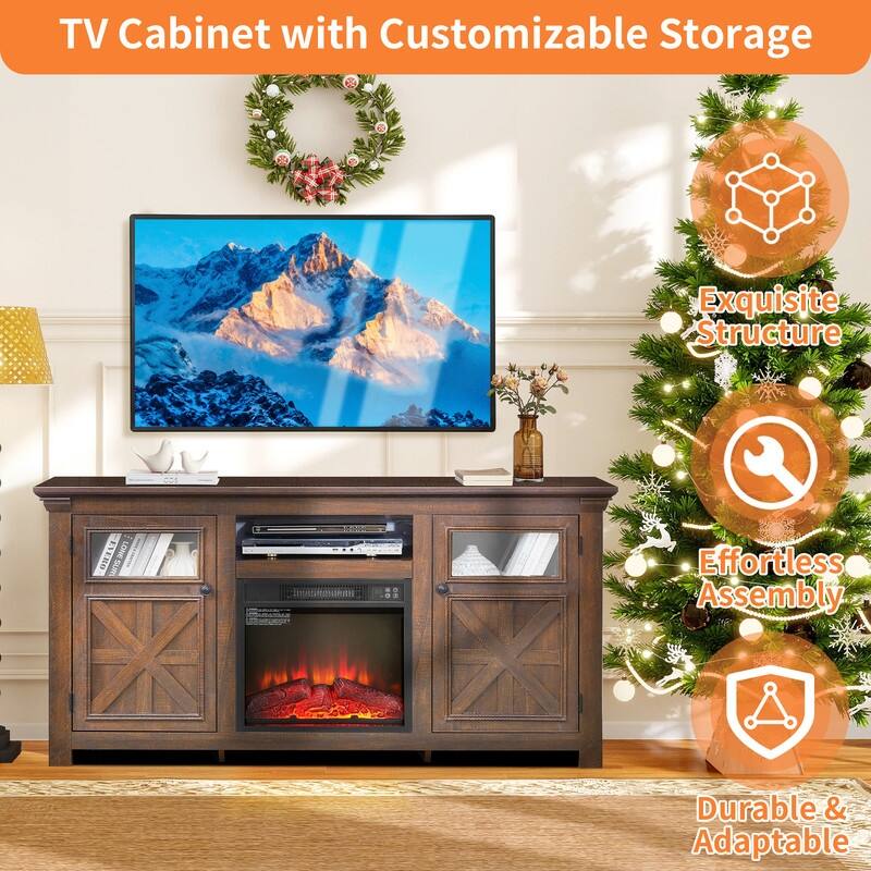 58-60" Fireplace TV Stand for 55-65" TVs w/ 18-23" Insert Farmhouse/Modern/Rustic Barn/Glass Doors Espresso/Grey/Brown/White Oak