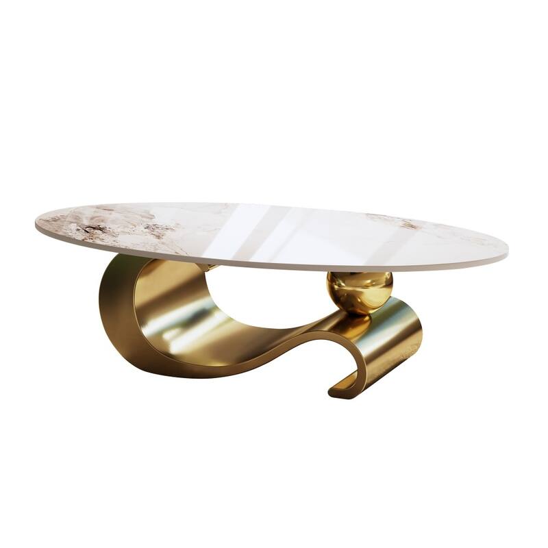 Modern Oval Faux Marble Coffee Table with Curved Stainless Steel Base
