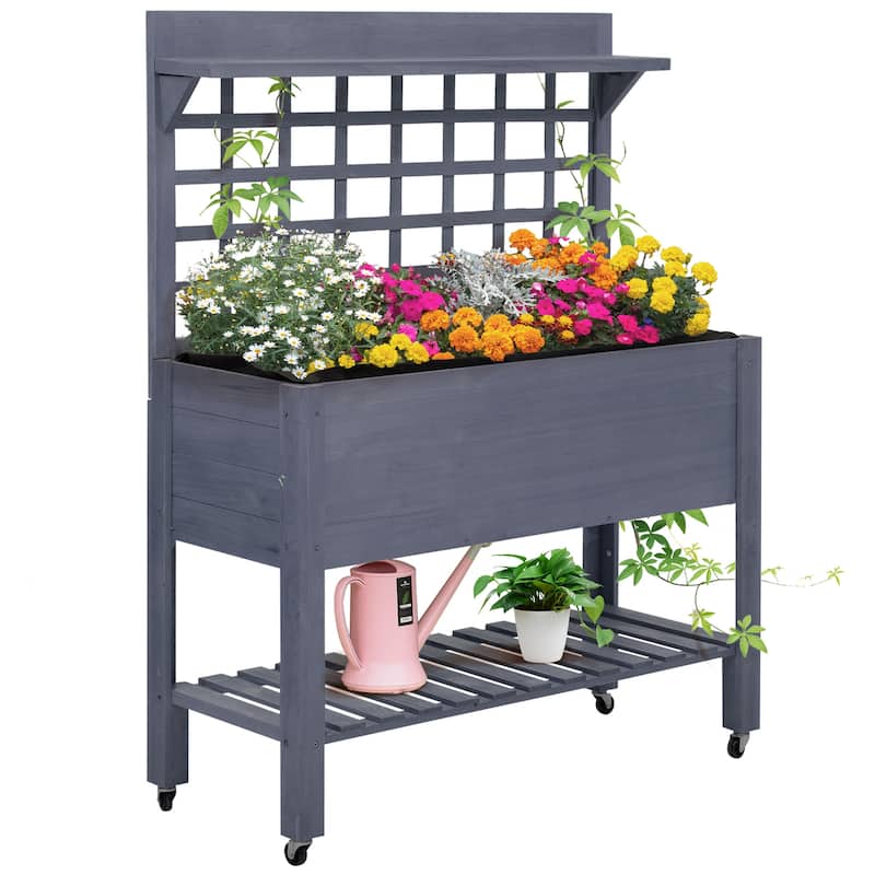 Outsunny 41" Raised Garden Bed with Trellis on Wheels, Wooden Elevated Planter Box with Legs and Bed Liner - Gray