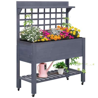 Outsunny 41" Raised Garden Bed with Trellis on Wheels, Wooden Elevated Planter Box with Legs and Bed Liner