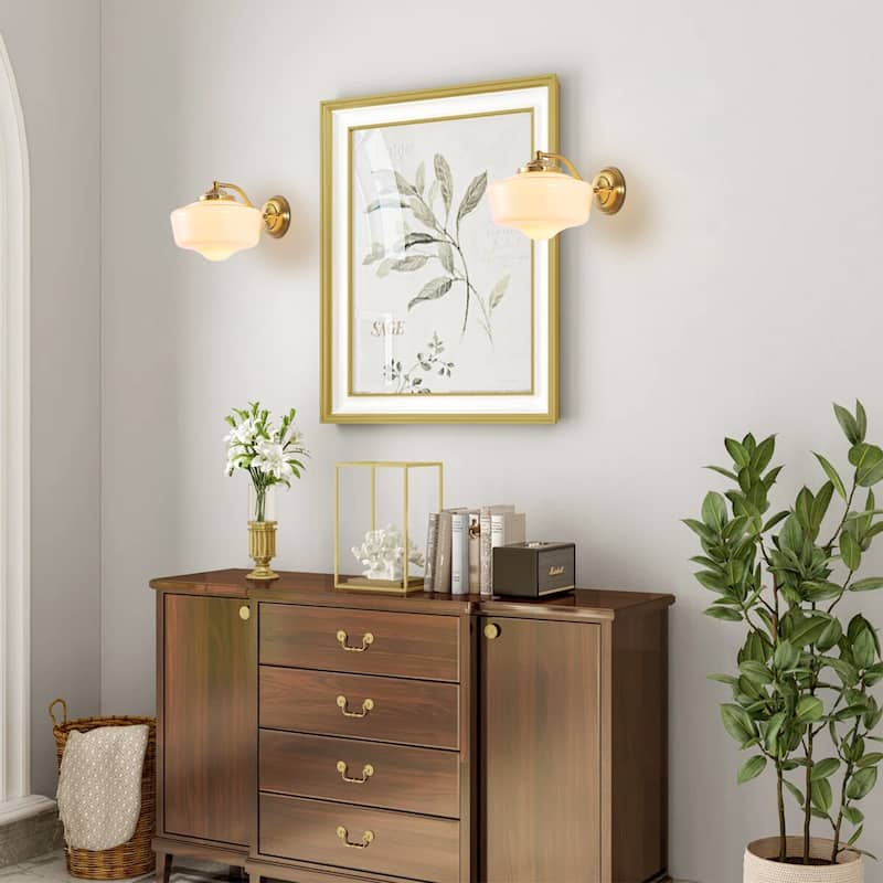 9.8 in. 1-Light Vintage Black/Gold Dimmable Wall Sconce With Milky White Glass Shade for Bedroom