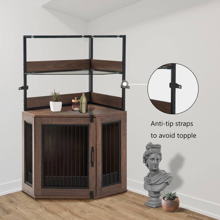 MCombo Corner Dog Crate Furniture with Glass Shelves, Wooden Dog Kennel Furniture with Door, Pet Crate Indoor Use, CN28 - Small