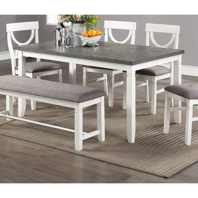 6 Piece Wood Dining Table Set, Kitchen Dining Room Table Set with Rectangle Table, 4 Upholstered Chairs and Bench