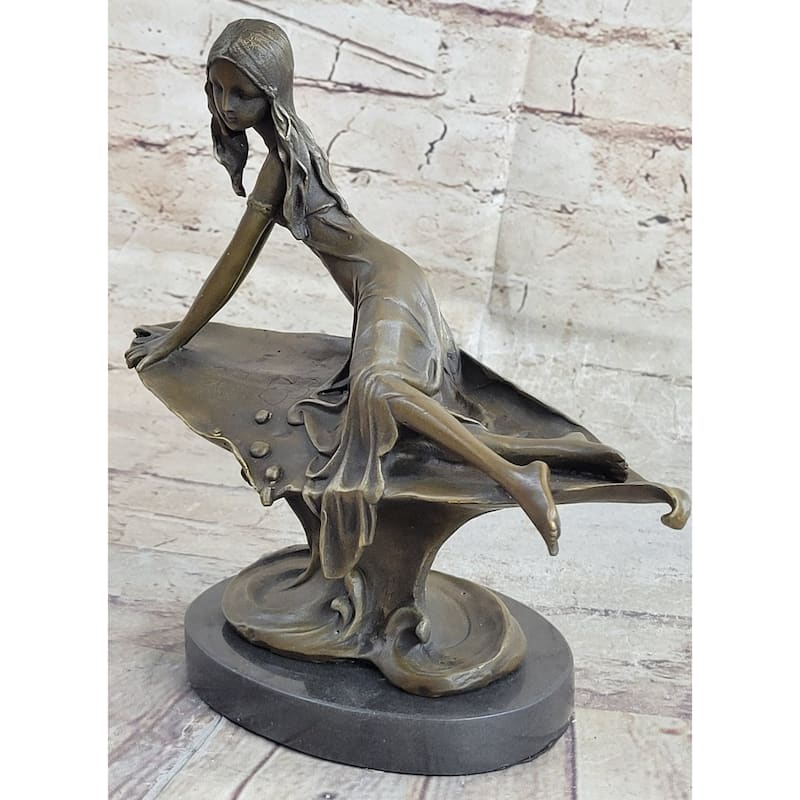Bronze Sculpture Of A Young Girl On A Marble Base - Original Signed Art By J. Mavchi