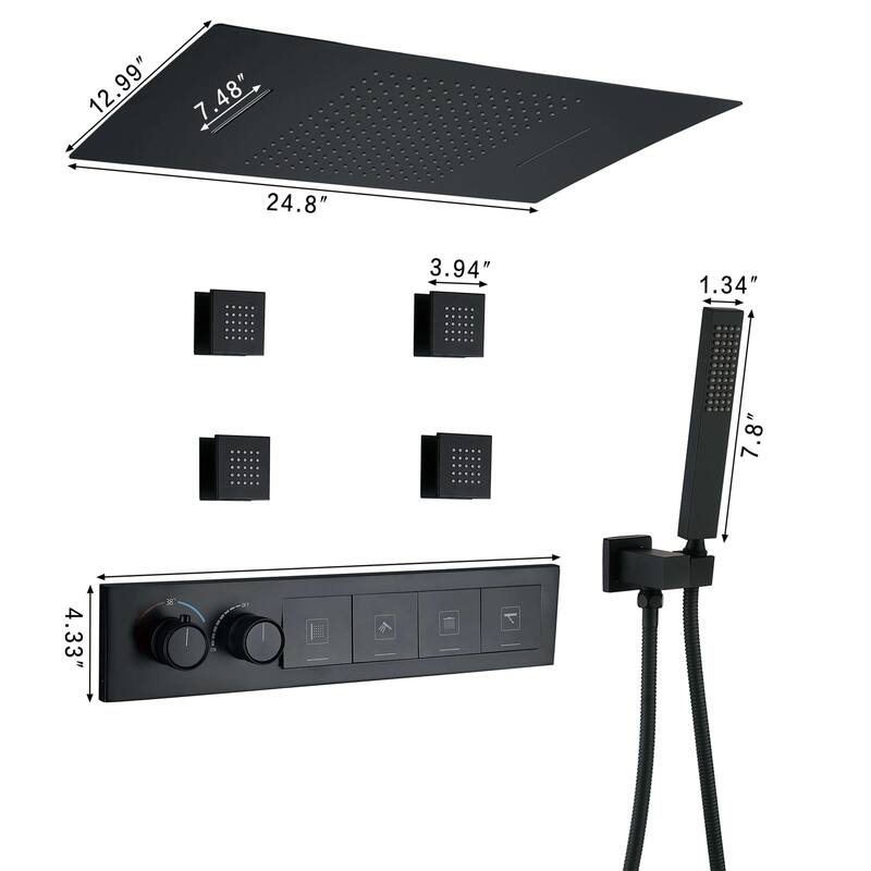 NSF Certified Square Rainfall & Waterfall Showerhead with High pressure Handheld, 4 Massage Jets, Thermostatic Cartridge