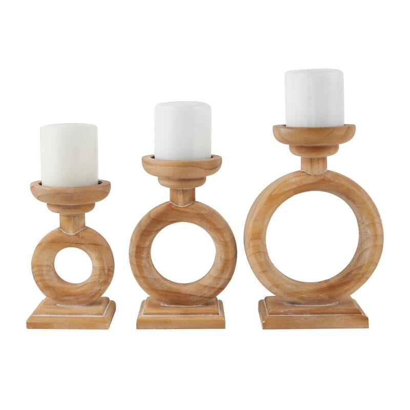 Brown Wood Circular Ring Candle Holder (Set of 3)