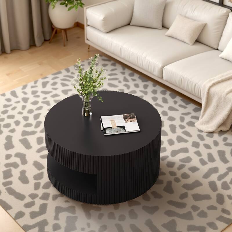 31.5" Round Coffee Table with Storage, Modern Wood Center Table with Vertical Stripe Detail for Living Room