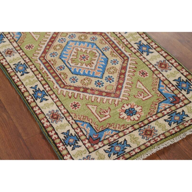 Hand Knotted Oriental 100% Wool Carpet Traditional Geometric Green Kazak Area Rug - 3' 1'' X 2' 0''