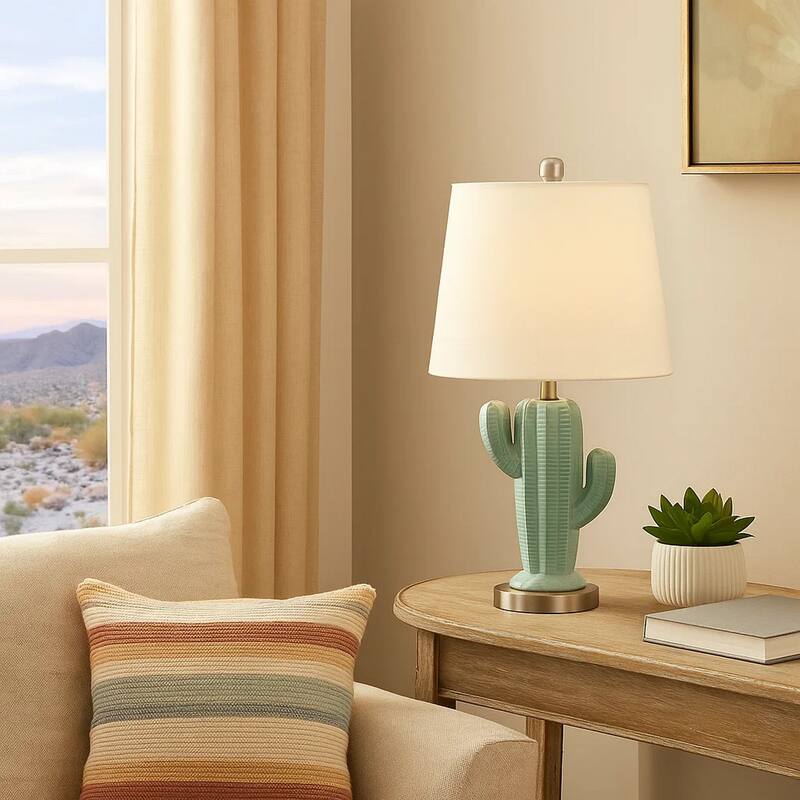 22 Inch Accent Table Lamp, Cactus Designed Body, Metal Base, Blue, White