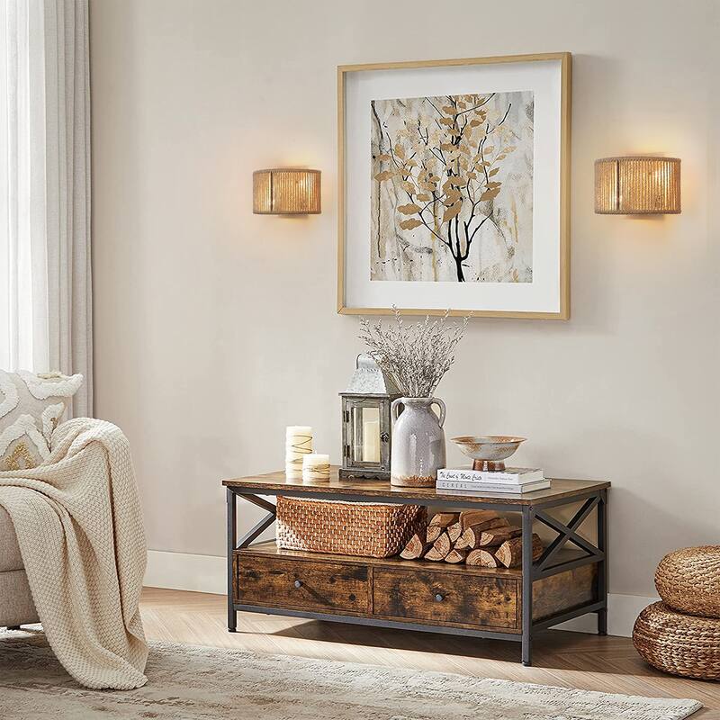 Boho Flush Mount Wall Sconce Rattan Wall Lamp Hemp Rope Sconces - 2-Light