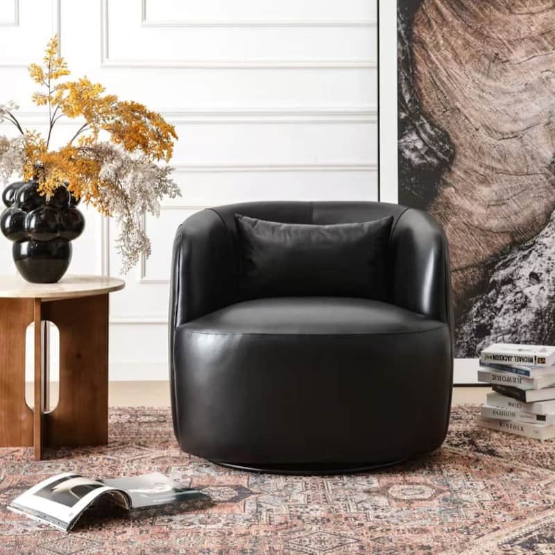KINWELL 100% Top Grain Genuine Leather Swivel Armchair with Pillow