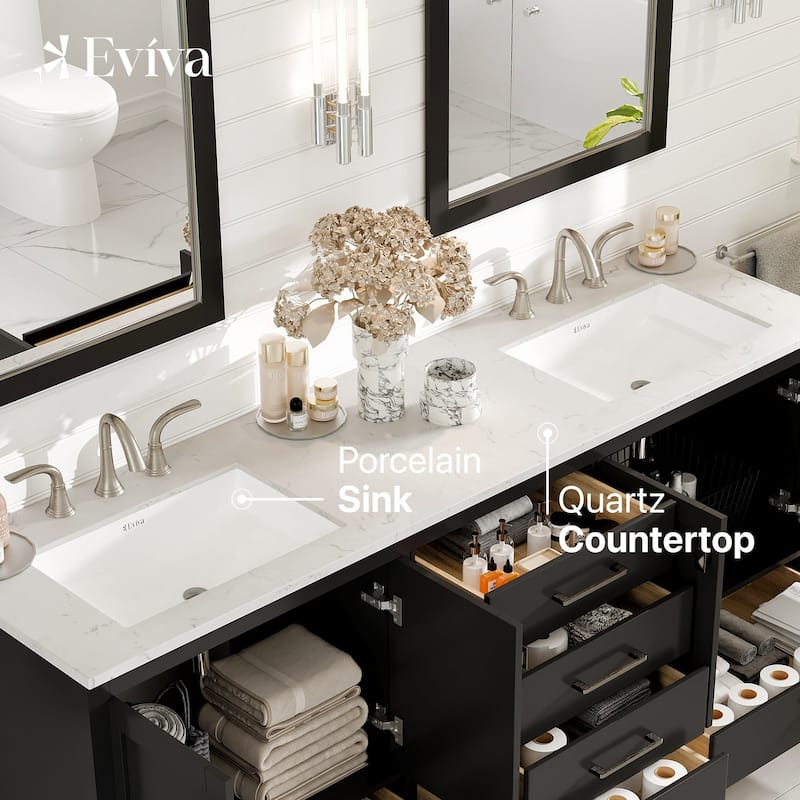Eviva Aberdeen 78"W Espresso DS Bath Vanity with White Carrara Quartz Top
