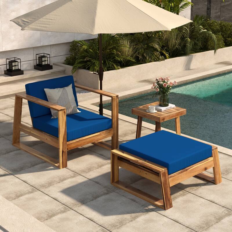 Outdoor Wood Lounge Set with Table and Ottoman for Patios (Set of 3) - Blue