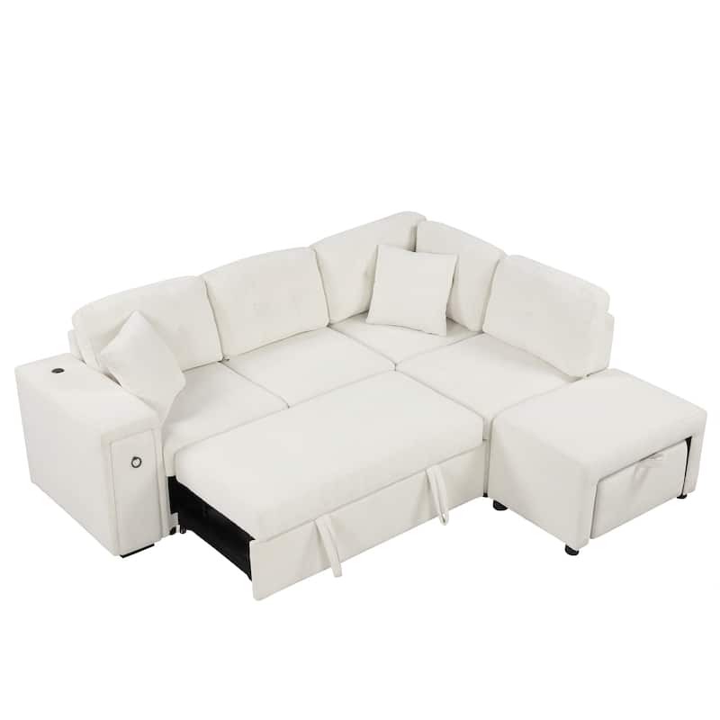 86.6" L-shaped Sleeper Sofa Bed Set with Ottoman and Cup Holders