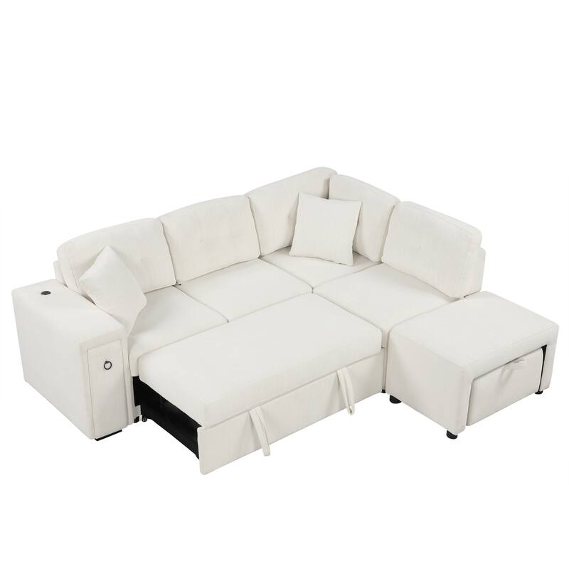 Convertible Sectional Sofa Bed with Ottoman, Chenille L-Shaped Pull Out Couch with Drawer 2 USB Ports & 2 Cup Holders