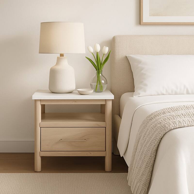 Mooran Nightstand, 1 Drawer w USB-C, Marble Finish Top, Brown Beige