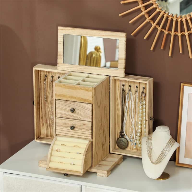 Brown Wooden Jewelry Box with Mirror and Rotating Doors, 4 Tier Storage Drawers for Rings and Necklaces