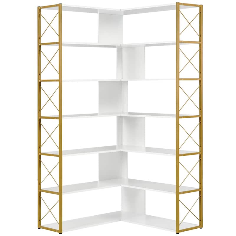 Industrial 7-Tier Bookshelf, L-Shaped Corner Bookcase with Metal Frame