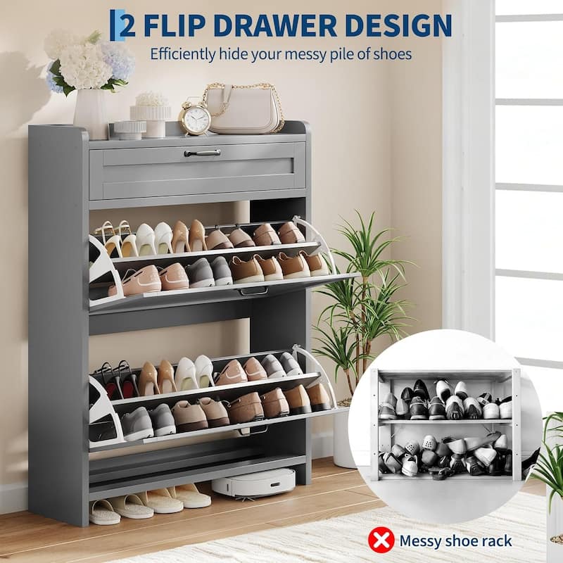 Freestanding Shoe Storage Cabinet Organizer with 2 Flip Drawers for Entryway Hallway Living Room