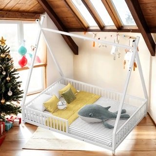 House-Shaped Metal Full Size Platform Bed with Triangle Structure and Guardrail,Sturdy Frame