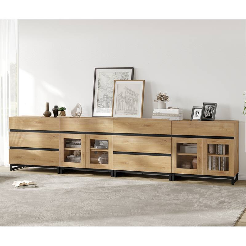 Dresser with Glass Doors, 4 in 1 Modern Chest of Drawers with Adjustable Shelves and 8 Drawers, Closet Organizers - Oak - 8-drawer