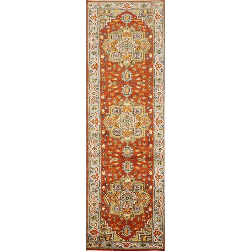 Hand Knotted Oriental 100% Wool Carpet Traditional Geometric Oranges & Rust Heriz (serapi) Runner Rug - 7' 11'' X 2' 0''