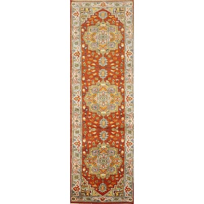 Hand Knotted Oriental 100% Wool Carpet Traditional Geometric Oranges & Rust Heriz (serapi) Runner Rug - 7' 11'' X 2' 0''
