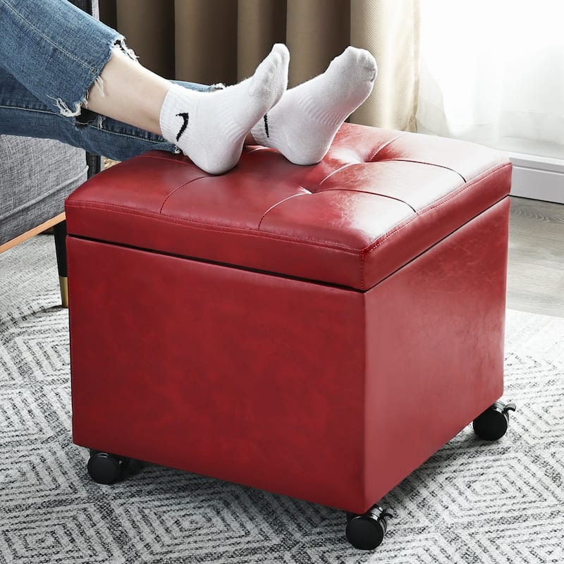 Adeco Bonded Leather Storage Ottoman Square Tufted Cube Footstool