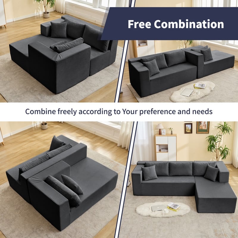 Mixoy W106'' Modern 2-Piece Free Combination Corduroy Upholstered L-Shaped Modular Sectional Sofa with Right Chaise and Pillow