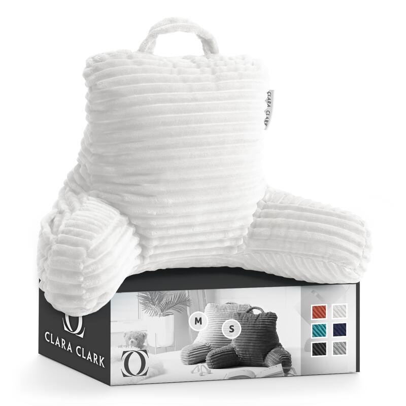 Clara Clark Cut Plush Striped Reading Pillow - Back Support Shredded Memory Foam Bed Rest Pillow with Arms - Small - White