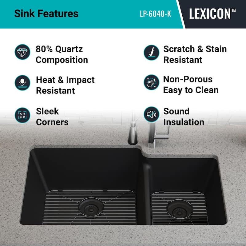32"x19" Quartz Granite Kitchen Sink, 60/40 Double Bowl Drop-in/Undermount - 19x32