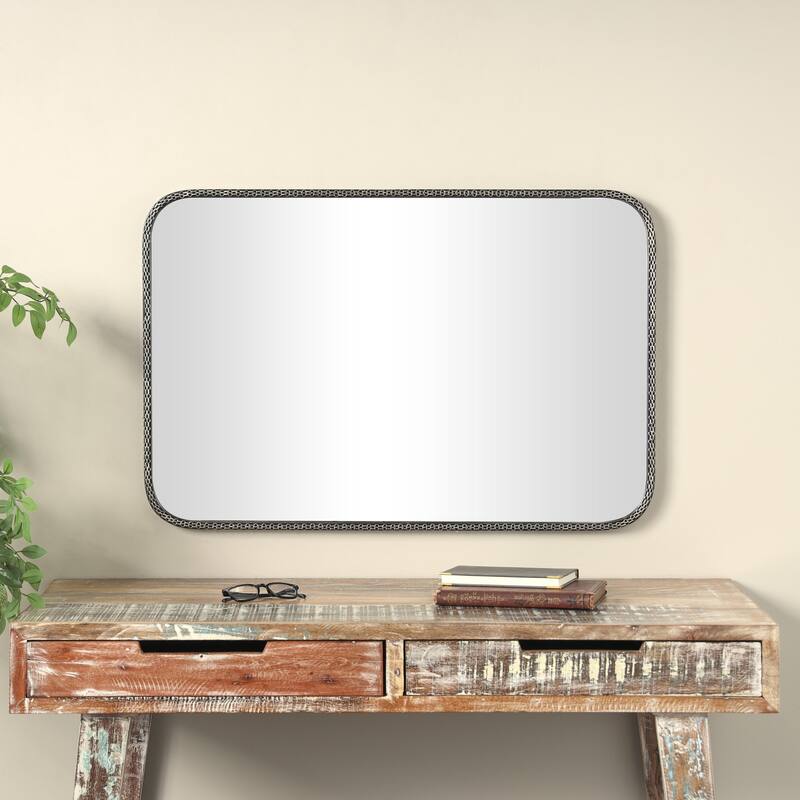Wooden Room Wall Mirror with Double Layered Linked Chain Frame - Silver - Roche River Decor