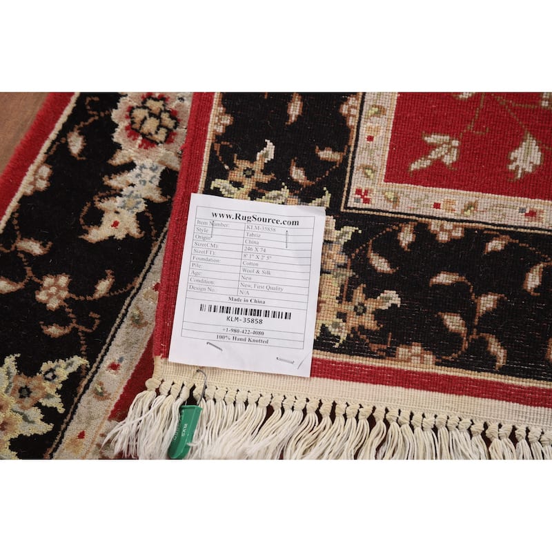 Red Floral Tabriz Chinese Runner Rug Handmade Wool and Silk Carpet - 2'5" x 8'1"