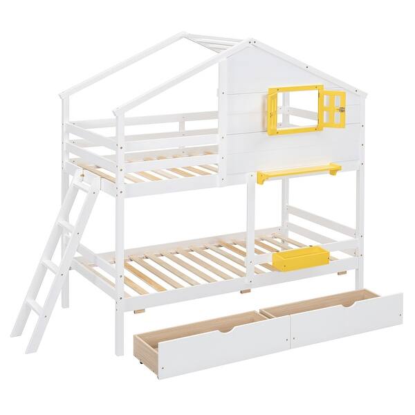 slide 2 of 10, Twin over Twin Wood Bunk Bed with 2 Drawers, Storage Box, Shelf, White White - Twin
