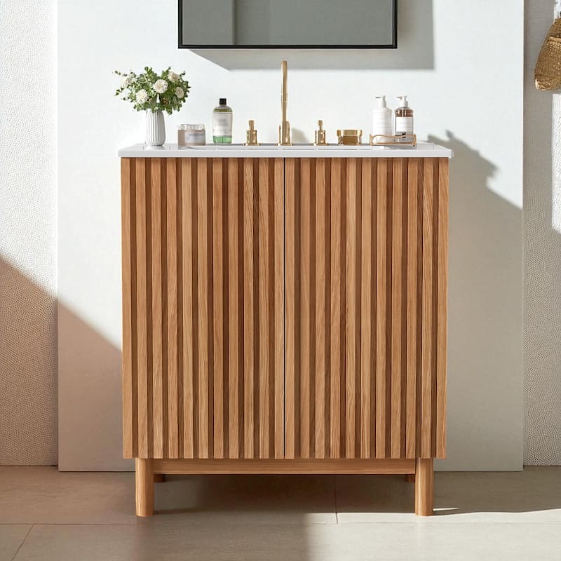 29.9" Traditional Bathroom Vanity with Ceramic Sink, Solid Wood Legs, Soft-Close Doors & Adjustable U-Shaped Shelf - Wood