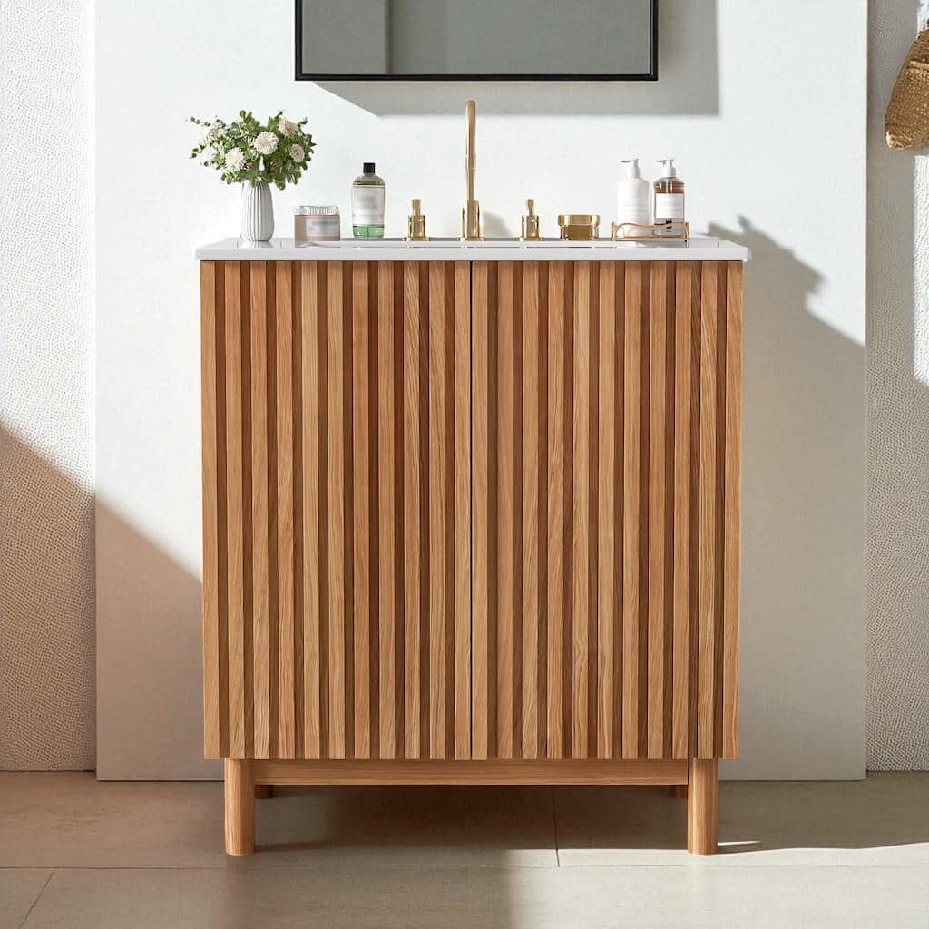 29.9" Traditional Bathroom Vanity with Ceramic Sink, Solid Wood Legs, Soft-Close Doors & Adjustable U-Shaped Shelf