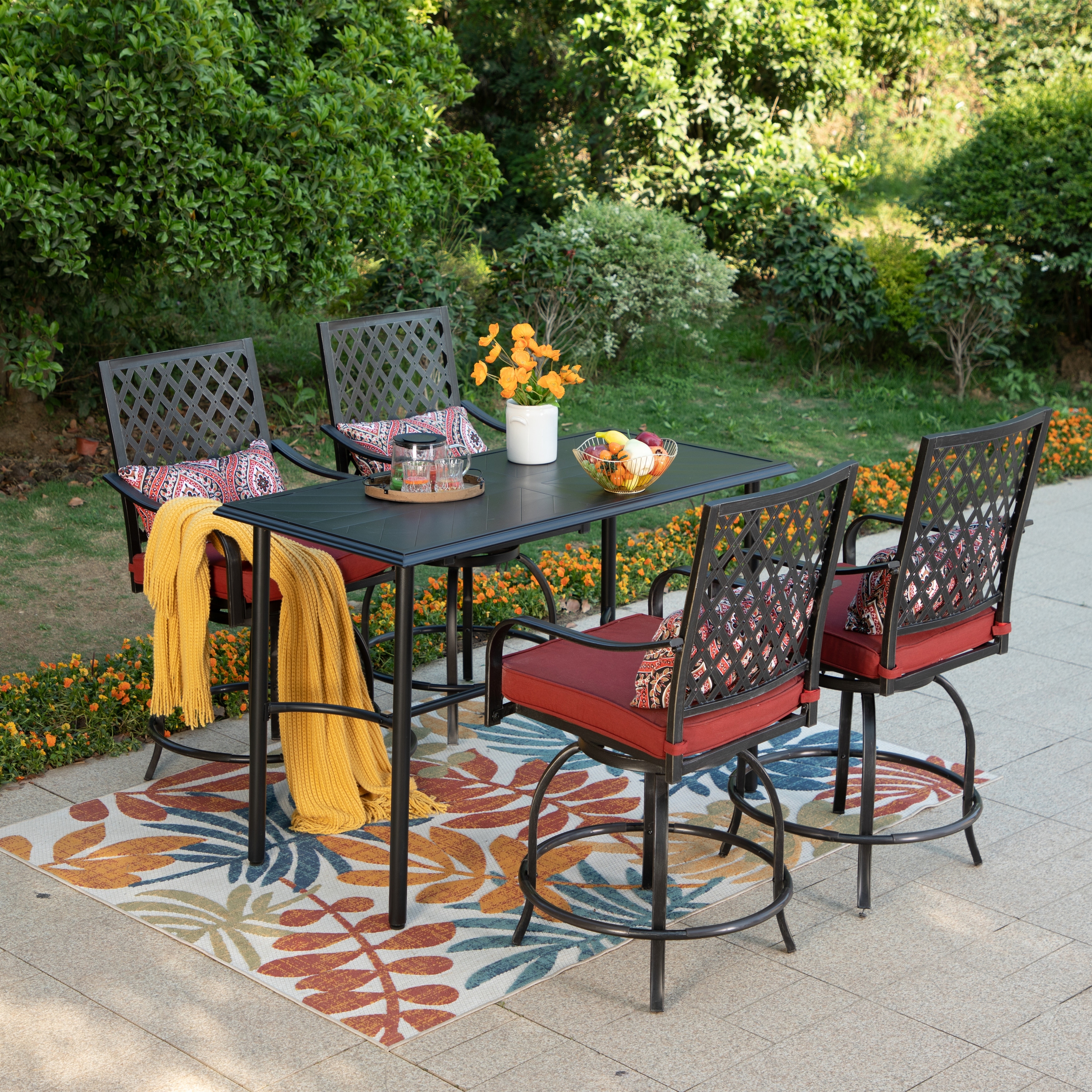 MAISON ARTS 5 Pieces Dining Bar Set, 4 Metal Swivel Bar Chairs and 1 Rectangular Metal Bar Height Table