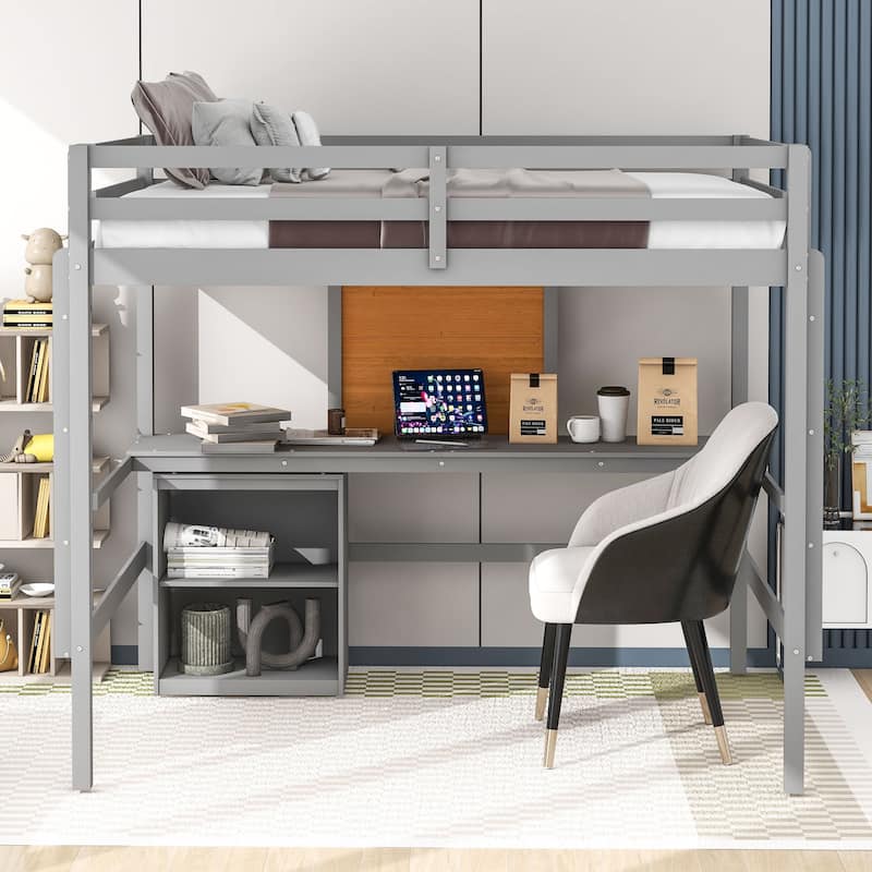 Gray Pine Wood Loft Bed with Desk and Cabinet, Writing Board, Full-Length Guardrail