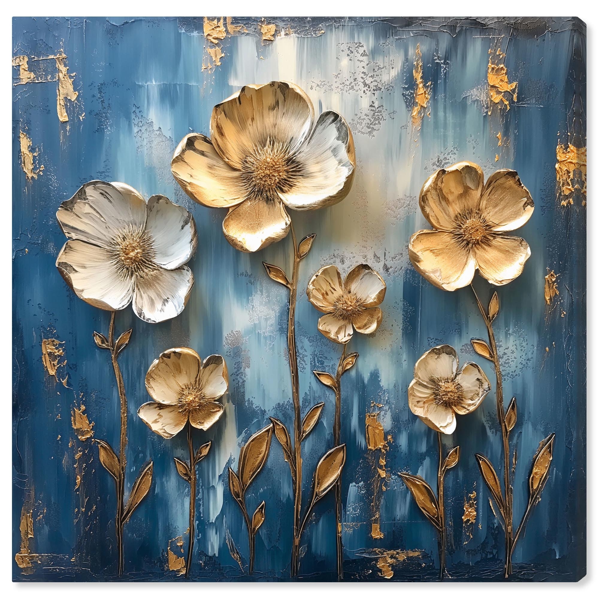 Golden Flora on Azure Canvas Elegant Floral Art by Art Remedy