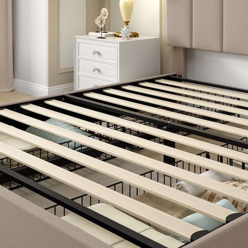 VECELO Upholstered Storage Bed Frames with Charging Stations and 4 Rolling Drawers on Both Sides Vertical Stripe Design