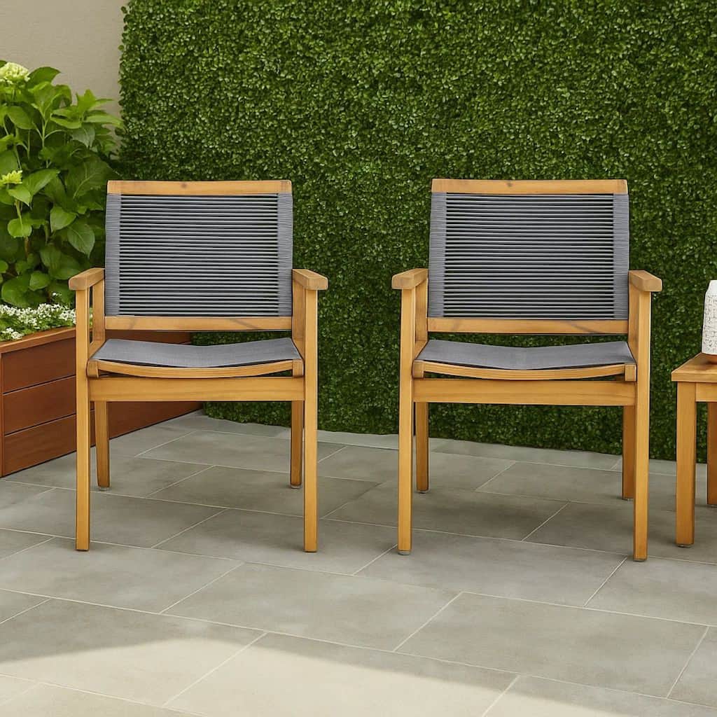Outdoor Dining Chair Set of 2, 35 Inch Gray Woven, Brown Acacia Wood