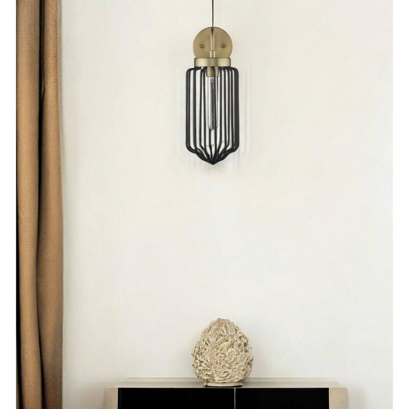 Modern Gold and Black Wall Sconce with Metal Cage Shade and Hardwired Light Fixture E26 Base - 17" H x 6.25" W x 9" D
