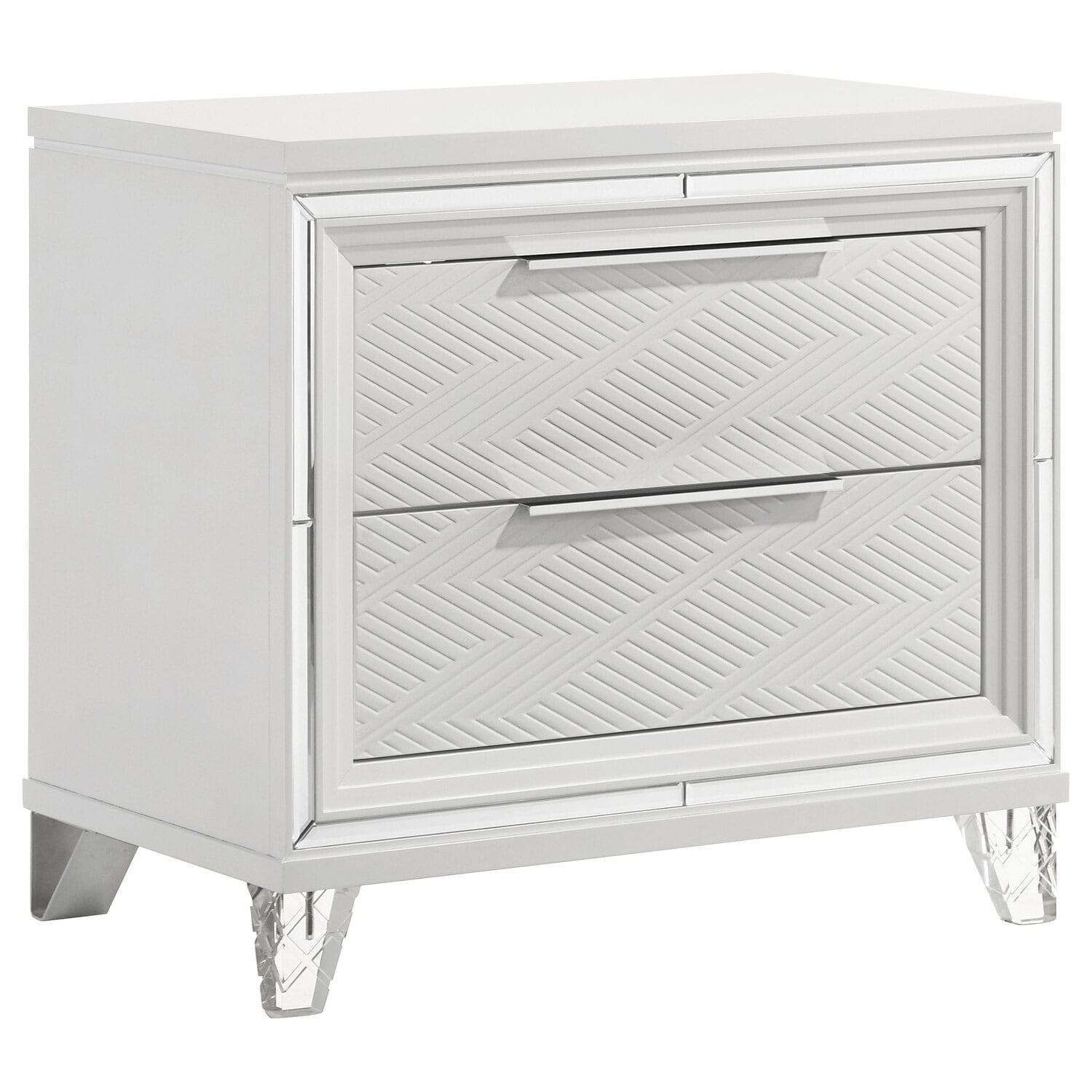 White 2-Drawer Nightstand with Mirror Trim, Herringbone Graphic Panels, Cord Access and Chrome Hardware