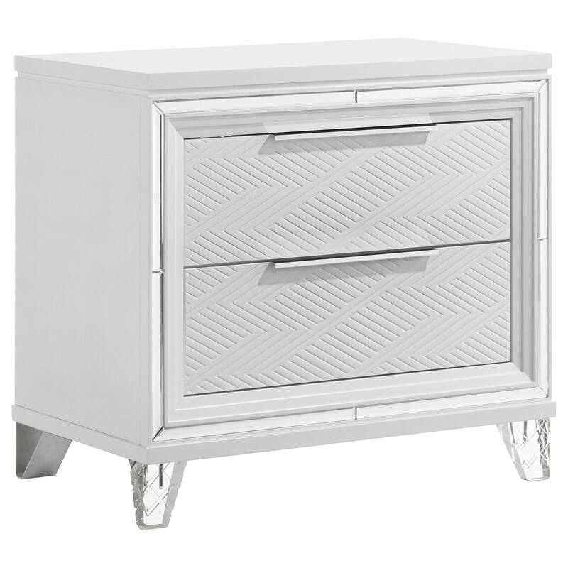White 2-Drawer Nightstand with Mirror Trim, Herringbone Graphic Panels, Cord Access and Chrome Hardware