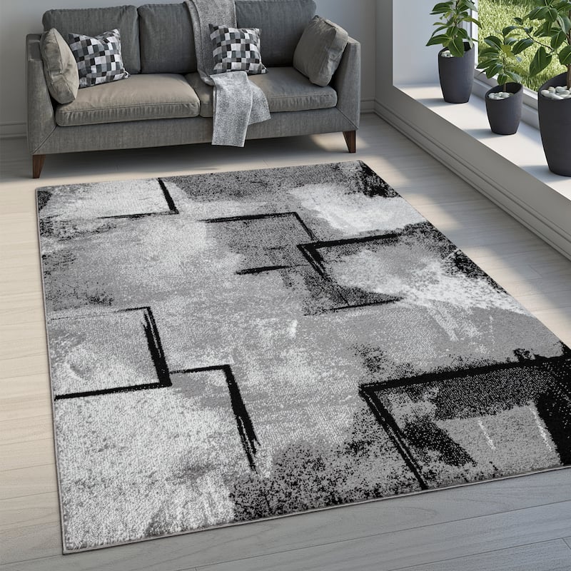 Grey White Area Rug Modern Design with Abstract Paint Effect - 4'7" x 6'7"