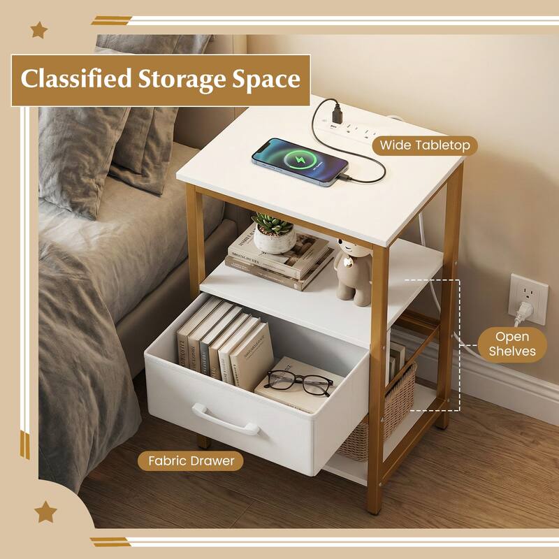 Gymax Nightstand w/Charging Station Fabric Drawer & Open Storage