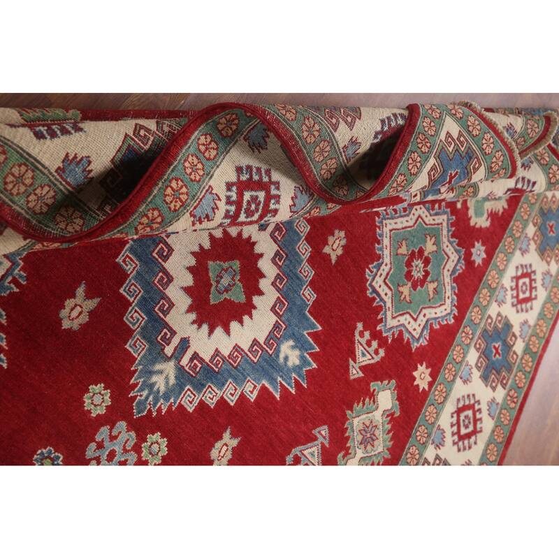 Hand Knotted Oriental 100% Wool Carpet Traditional Geometric Red Kazak Area Rug - 9' 10'' X 6' 8''