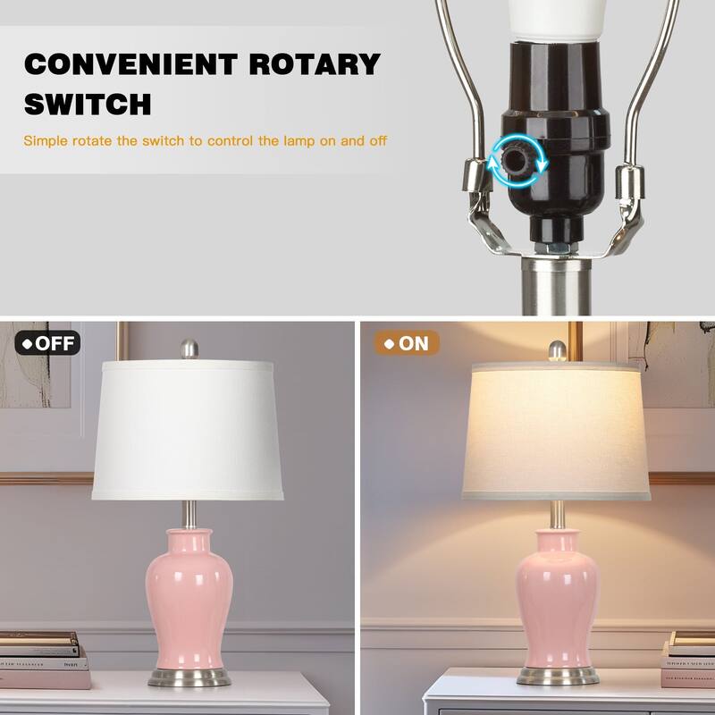 23-Inch Ceramic Ginger Jar Table Lamp with White Fabric Shade and LED Bulb